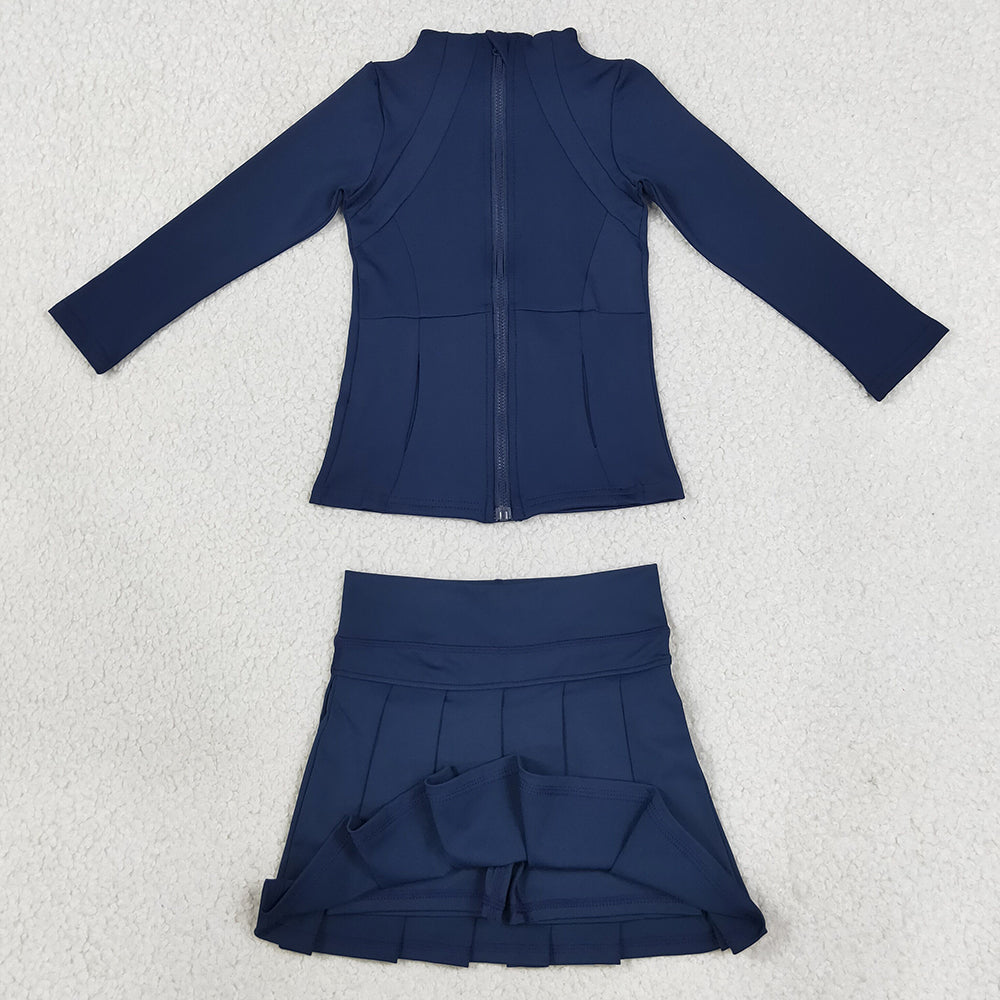 Baby Girls Clothes Navy Zip Pockets Jacket Top Pleated Skirt Short Yoga Active Clothes Set GLD1705