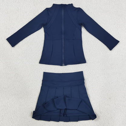 Baby Girls Clothes Navy Zip Pockets Jacket Top Pleated Skirt Short Yoga Active Clothes Set GLD1705