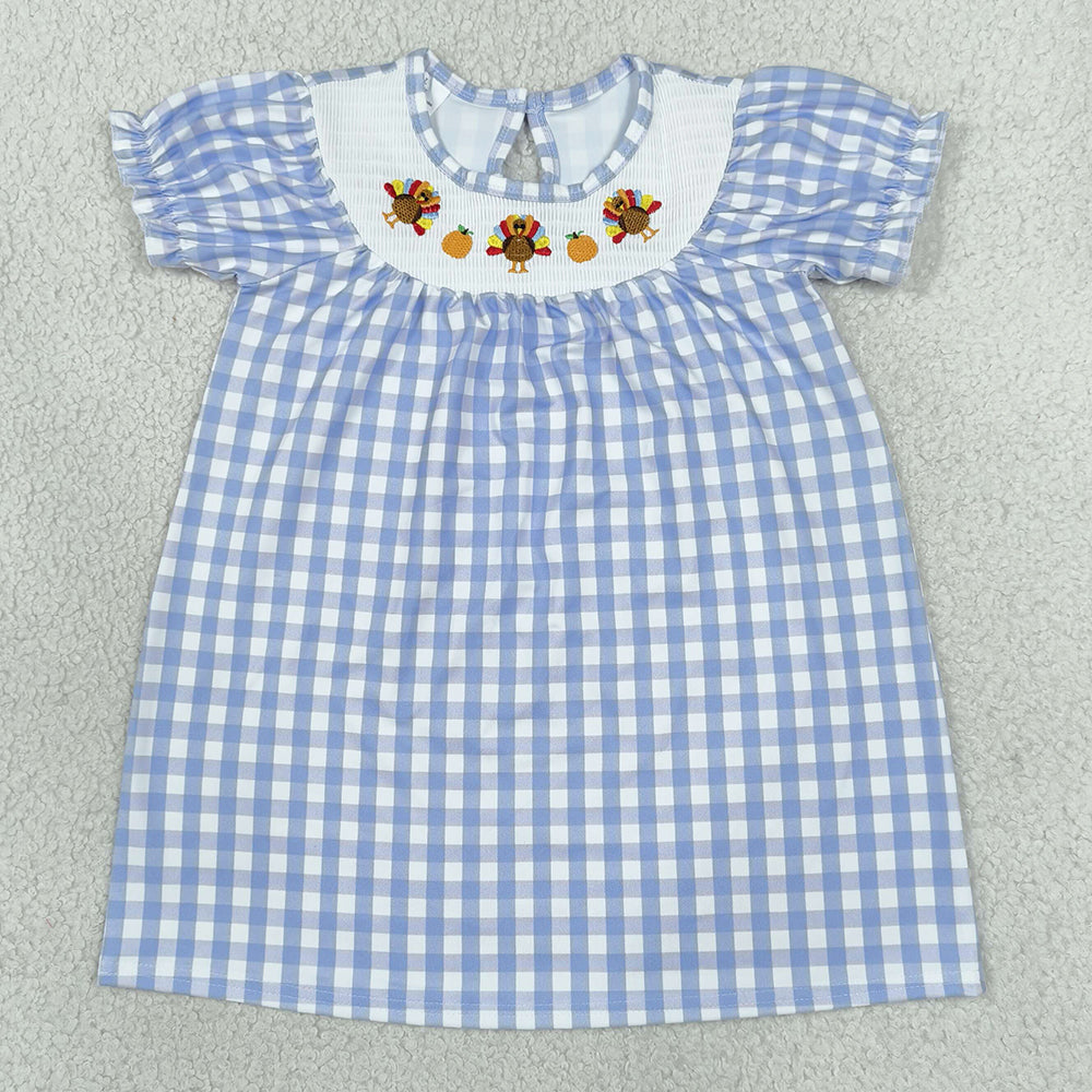 Baby Girls Smocked Turkey Blue Checked Thanksgiving Knee Length Dress GSD4250