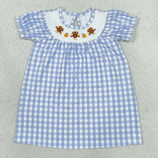 Baby Girls Smocked Turkey Blue Checked Thanksgiving Knee Length Dress GSD4250