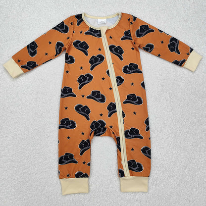 Baby Infant Boys Rompers Brown Western Hats Long Sleeve Zip Rompers LR1758