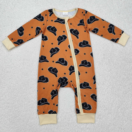 Baby Infant Boys Rompers Brown Western Hats Long Sleeve Zip Rompers LR1758