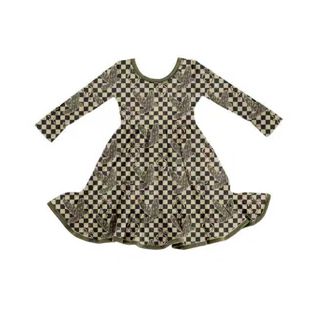 Preorder (moq 8)Baby Girls Black Checked Bottomland Camo Ducks Ruffle Western Knee Length Dress 9.24