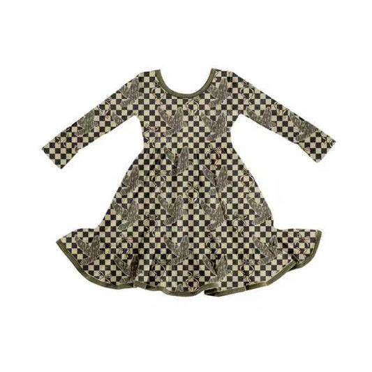 Preorder (moq 8)Baby Girls Black Checked Bottomland Camo Ducks Ruffle Western Knee Length Dress 9.24