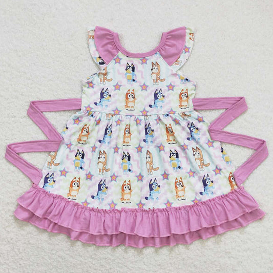 Baby Girls Dress Colorful Dogs Belt Ruffle Knee Length Dresses GSD1060