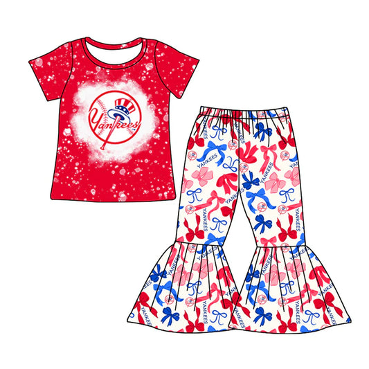 Preorder MOQ 5 bleached red Y top bow pants girls team clothes 8.22