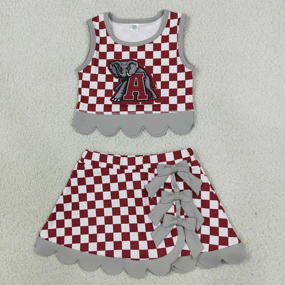 Baby Girls Red Checked Alabama Bows Skirt Short Yoga Active Team Scallop Clothes Set GSD4284