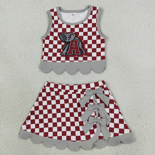 Baby Girls Red Checked Alabama Bows Skirt Short Yoga Active Team Scallop Clothes Set GSD4284