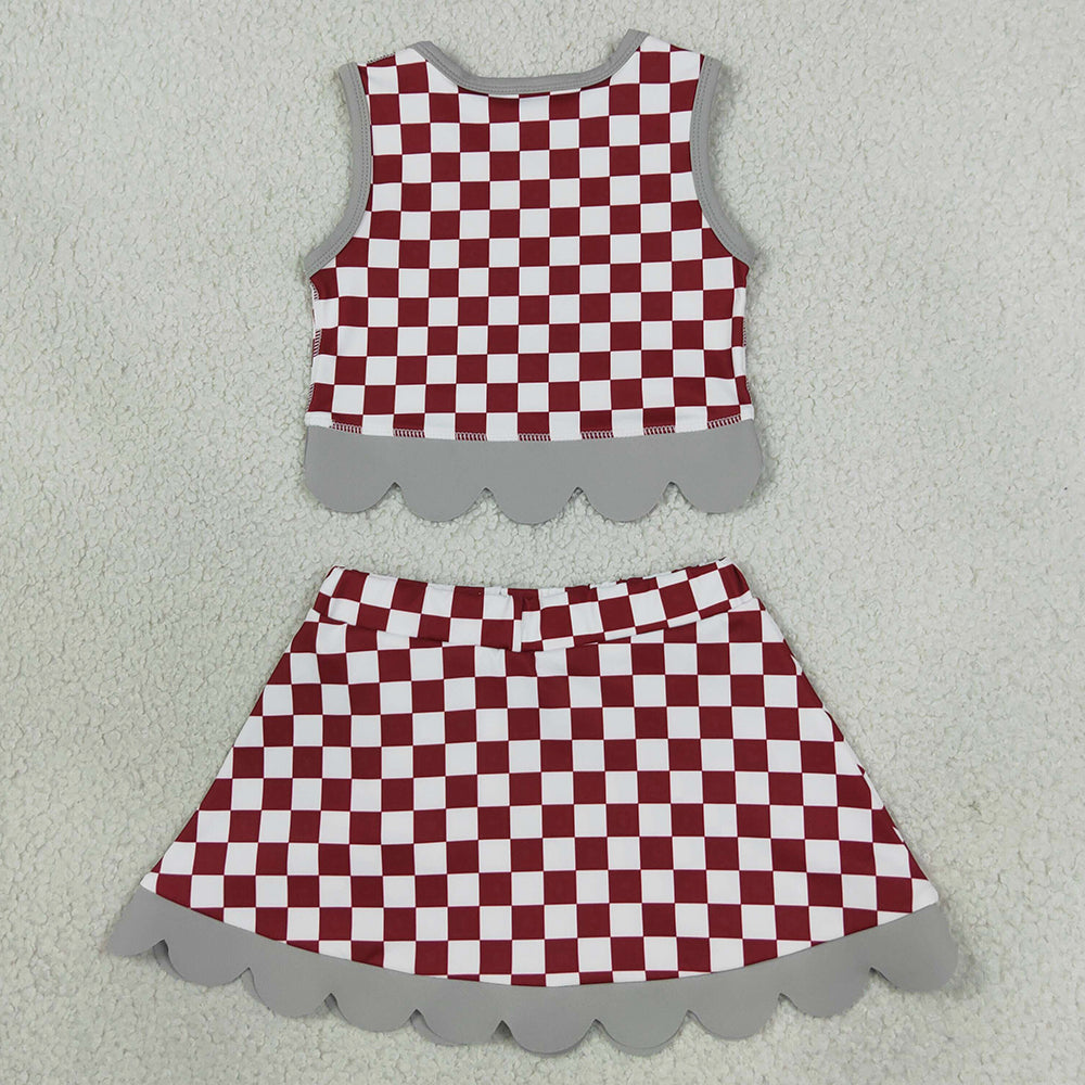 Baby Girls Red Checked Alabama Bows Skirt Short Yoga Active Team Scallop Clothes Set GSD4284