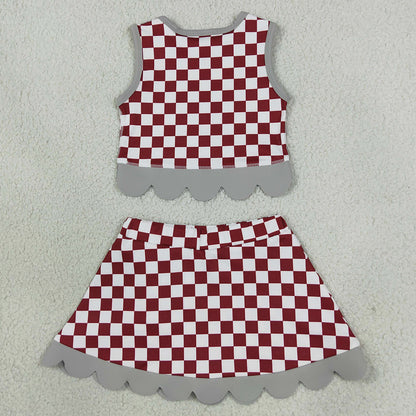 Baby Girls Red Checked Alabama Bows Skirt Short Yoga Active Team Scallop Clothes Set GSD4284