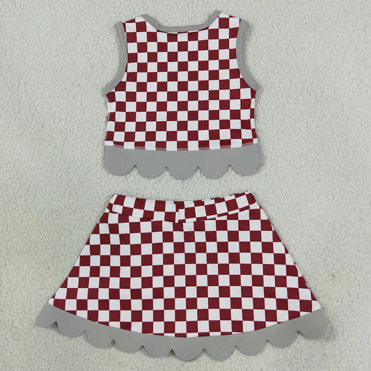Baby Girls Red Checked Alabama Bows Skirt Short Yoga Active Team Scallop Clothes Set GSD4284