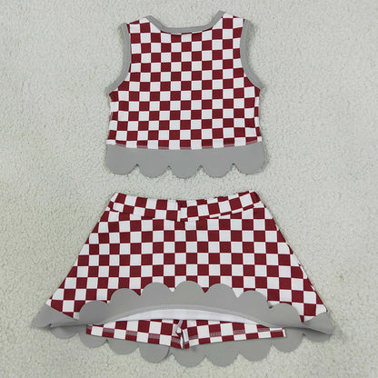 Baby Girls Red Checked Alabama Bows Skirt Short Yoga Active Team Scallop Clothes Set GSD4284