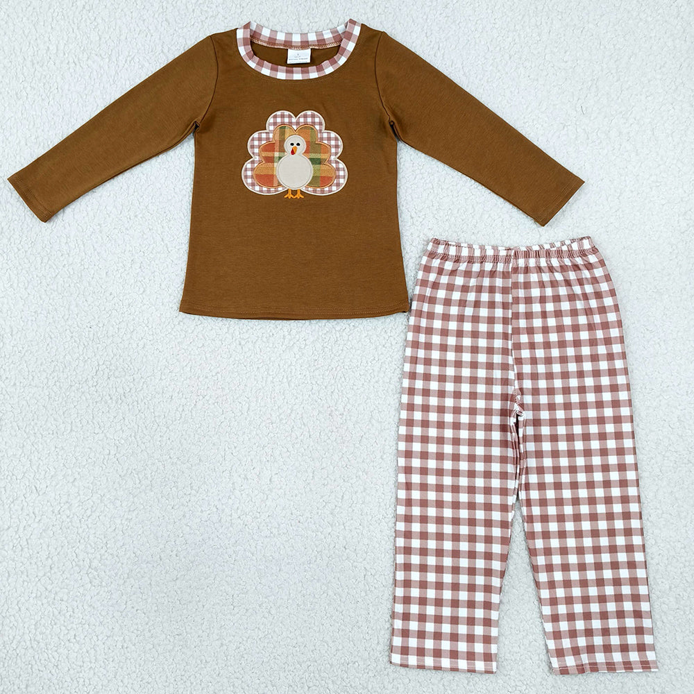 Baby Boys Clothes Embroidery Turkey Top Checked Pants Thanksgivings Clothes Set BLP1516