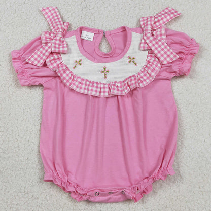 Baby Girls Rompers Smocked Crosses Bows Short Sleeve Easter Ruffle Rompers SR3250 1.5