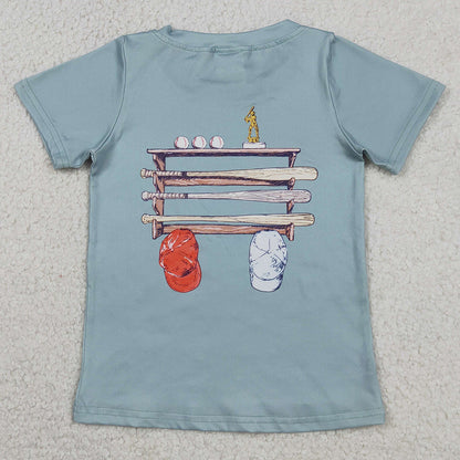 Baby Boys Clothes Light Blue Short Sleeve Back Baseballs Print Team T-shirts Top BT1762