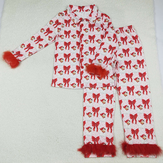 Adult Women Pajamas Red Bows Santa Button Top Pants Christmas Fur Pajamas Sets GLP2715 9.9