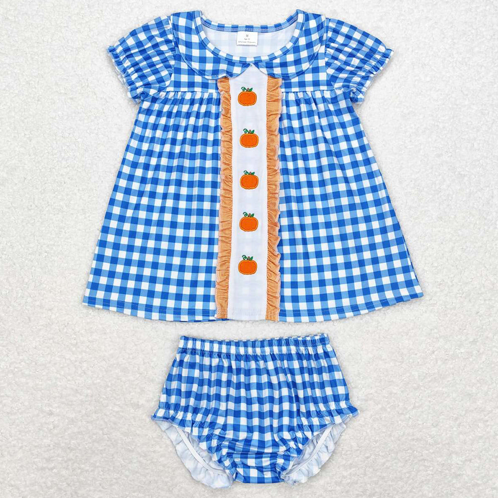 Baby Girls Clothes Blue Checkered Pumpkin Tunic Tops Bummie Clothes Sets GBO0431