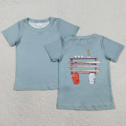 Baby Boys Clothes Light Blue Short Sleeve Back Baseballs Print Team T-shirts Top BT1762