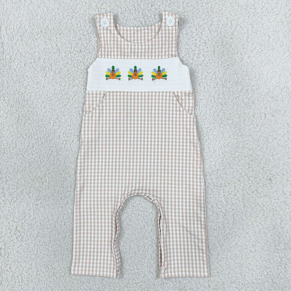Baby Boys Smocked Turkey Thanksgiving Khaki Checked Pockets Rompers SR4277