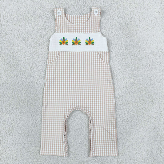 Baby Boys Smocked Turkey Thanksgiving Khaki Checked Pockets Rompers SR4277