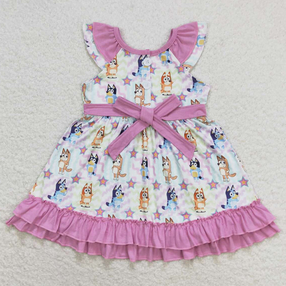 Baby Girls Dress Colorful Dogs Belt Ruffle Knee Length Dresses GSD1060