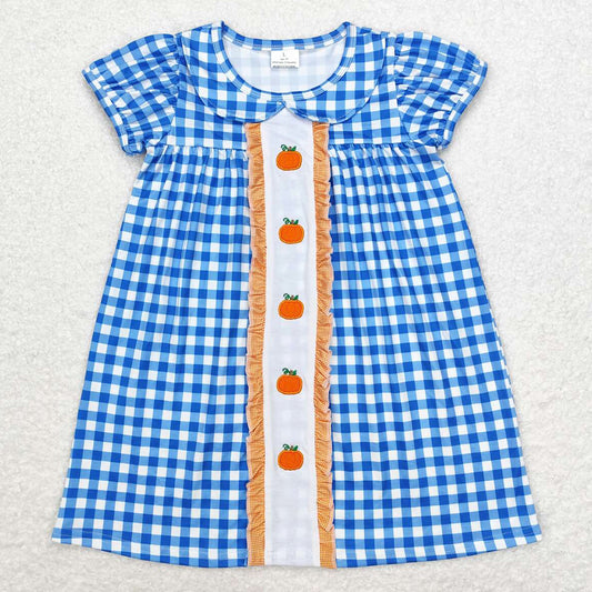 Baby Girls Dress Halloween Blue Checkered Pumpkins Knee Length Dresses GSD1412