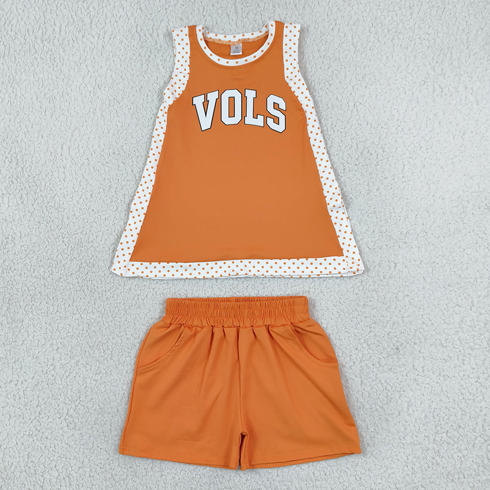 Baby Girls Orange Polka Dots Vinyl Vols Split Tunic Pockets Short Yoga Active Team Clothes Sets GSSO3852