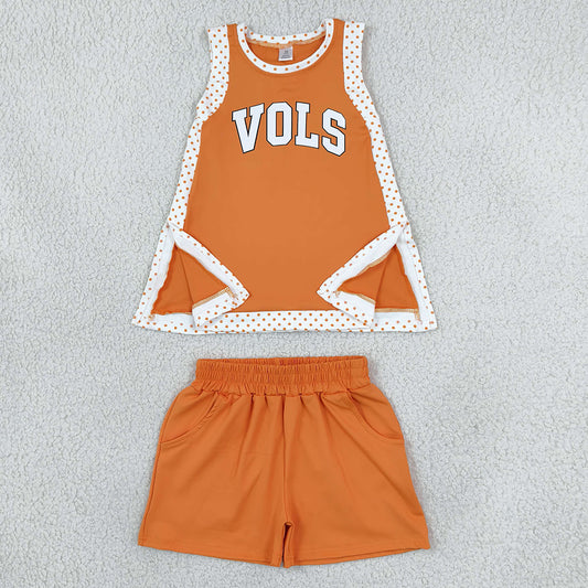 Baby Girls Orange Polka Dots Vinyl Vols Split Tunic Pockets Short Yoga Active Team Clothes Sets GSSO3852