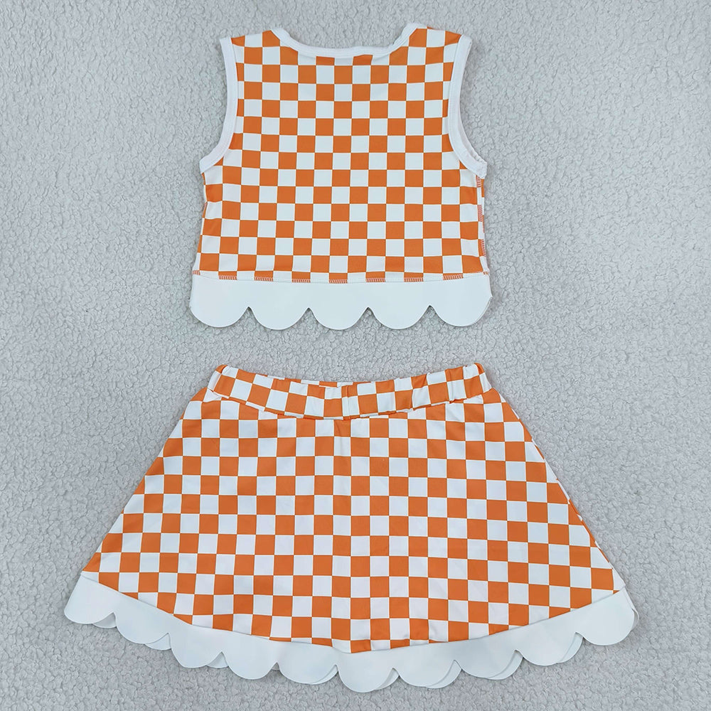 Baby Girls Orange Checked Tennessee Top Bows Skirt Short Scallop Clothes Sets GSD4282