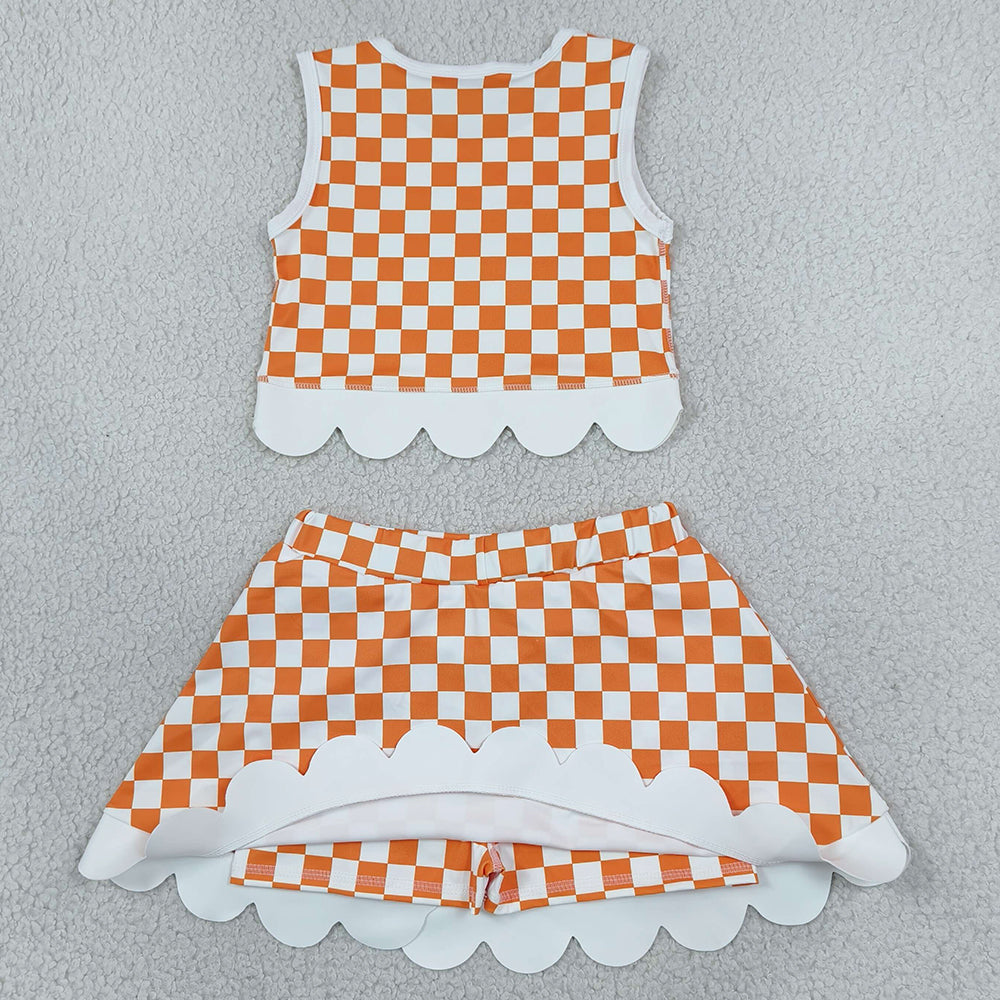 Baby Girls Orange Checked Tennessee Top Bows Skirt Short Scallop Clothes Sets GSD4282