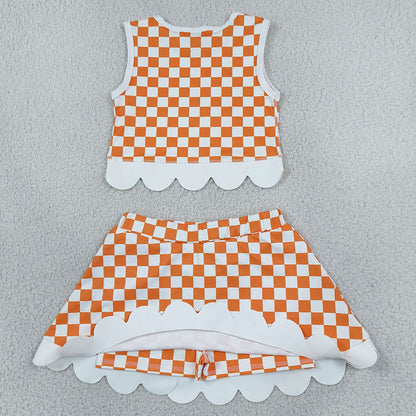 Baby Girls Orange Checked Tennessee Top Bows Skirt Short Scallop Clothes Sets GSD4282