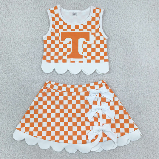 Baby Girls Orange Checked Tennessee Top Bows Skirt Short Scallop Clothes Sets GSD4282