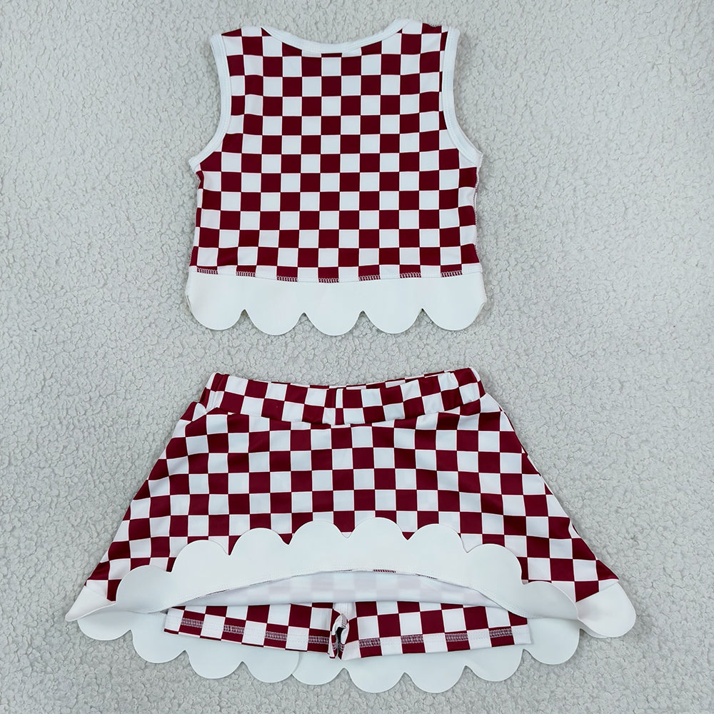 Baby Girls Red Checked Arkansas Top Bows Skirt Short Scallop Clothes Sets GSD4286