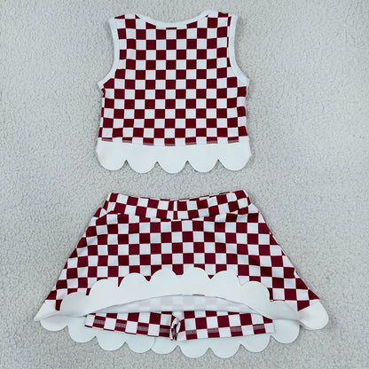 Baby Girls Red Checked Arkansas Top Bows Skirt Short Scallop Clothes Sets GSD4286