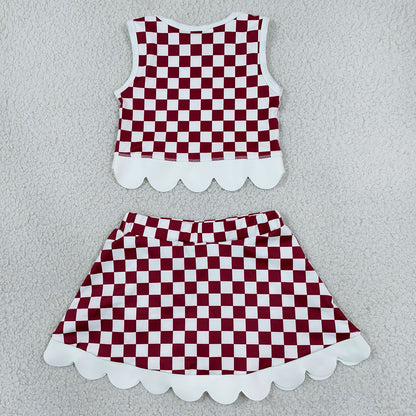 Baby Girls Red Checked Arkansas Top Bows Skirt Short Scallop Clothes Sets GSD4286