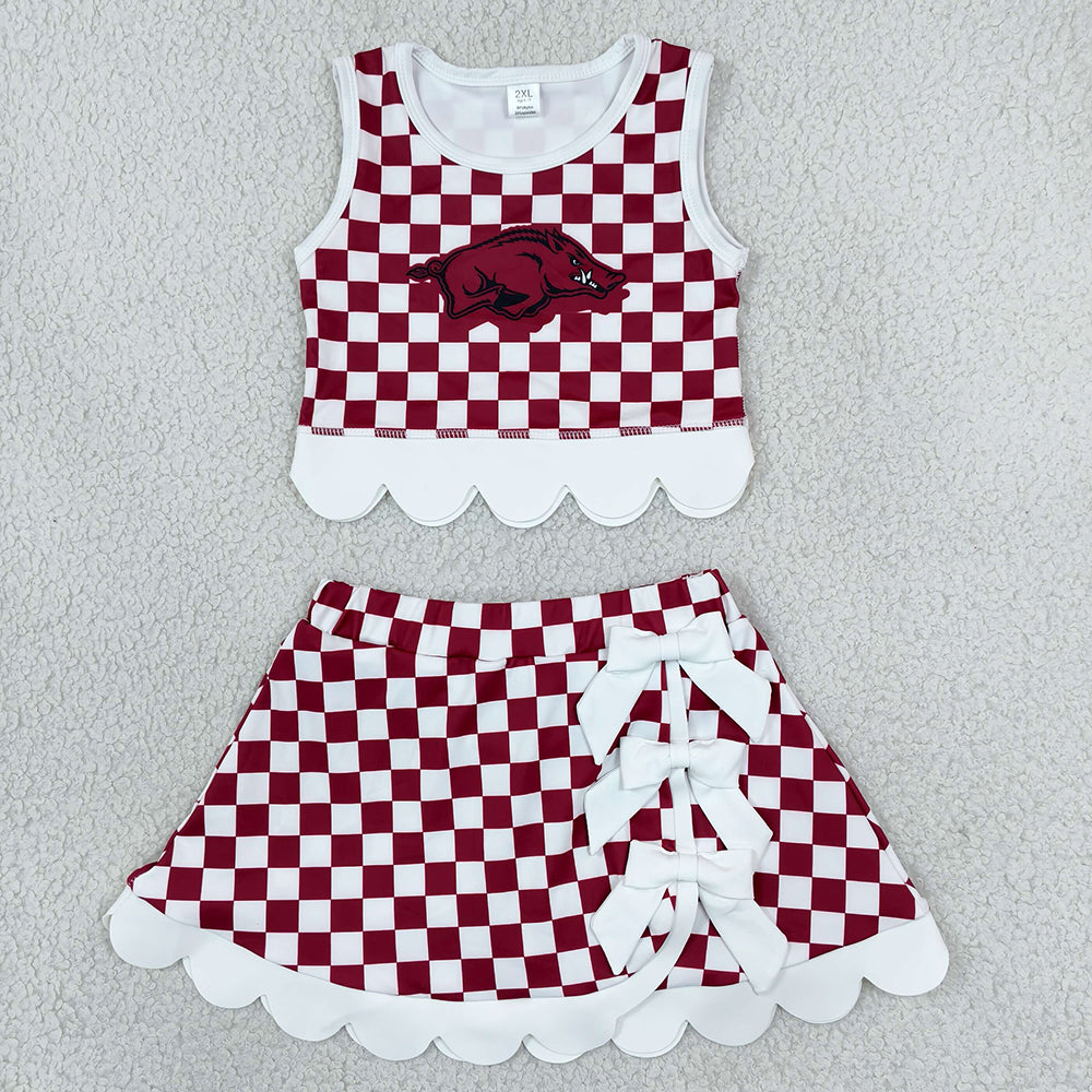 Baby Girls Red Checked Arkansas Top Bows Skirt Short Scallop Clothes Sets GSD4286