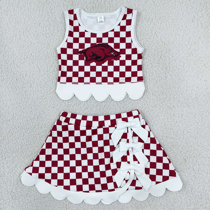 Baby Girls Red Checked Arkansas Top Bows Skirt Short Scallop Clothes Sets GSD4286