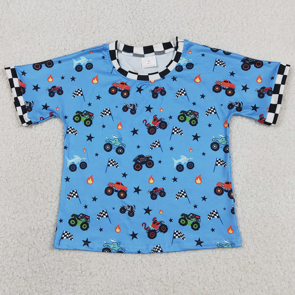 Baby Boys Clothes Blue Short Sleeve Motor Cars Flags 4th of July T-shirts Top BT1496
