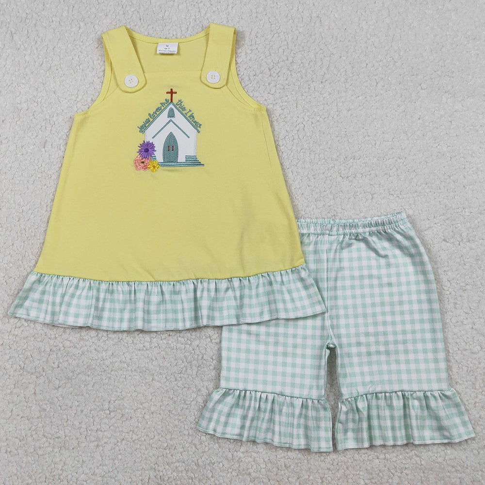 Baby Girls Clothes Embroidery Church Cross Tunic Checked Ruffle Shorts Easter Clothes Sets GSSO2966 1.5