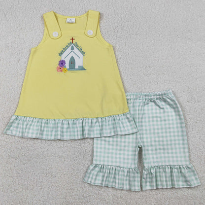 Baby Girls Clothes Embroidery Church Cross Tunic Checked Ruffle Shorts Easter Clothes Sets GSSO2966 1.5