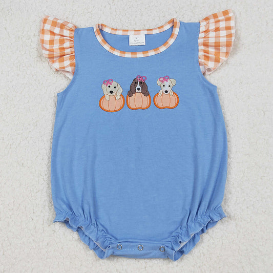Baby Boys Rompers Embroidery Dogs Pumpkins Blue Sleeveless Fall Rompers SR3190 9.12