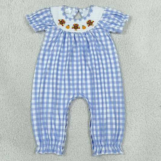 Baby Girls Rompers Smocked Turkey Pumpkins Thanksgiving Blue Checked Pant Rompers SR4276
