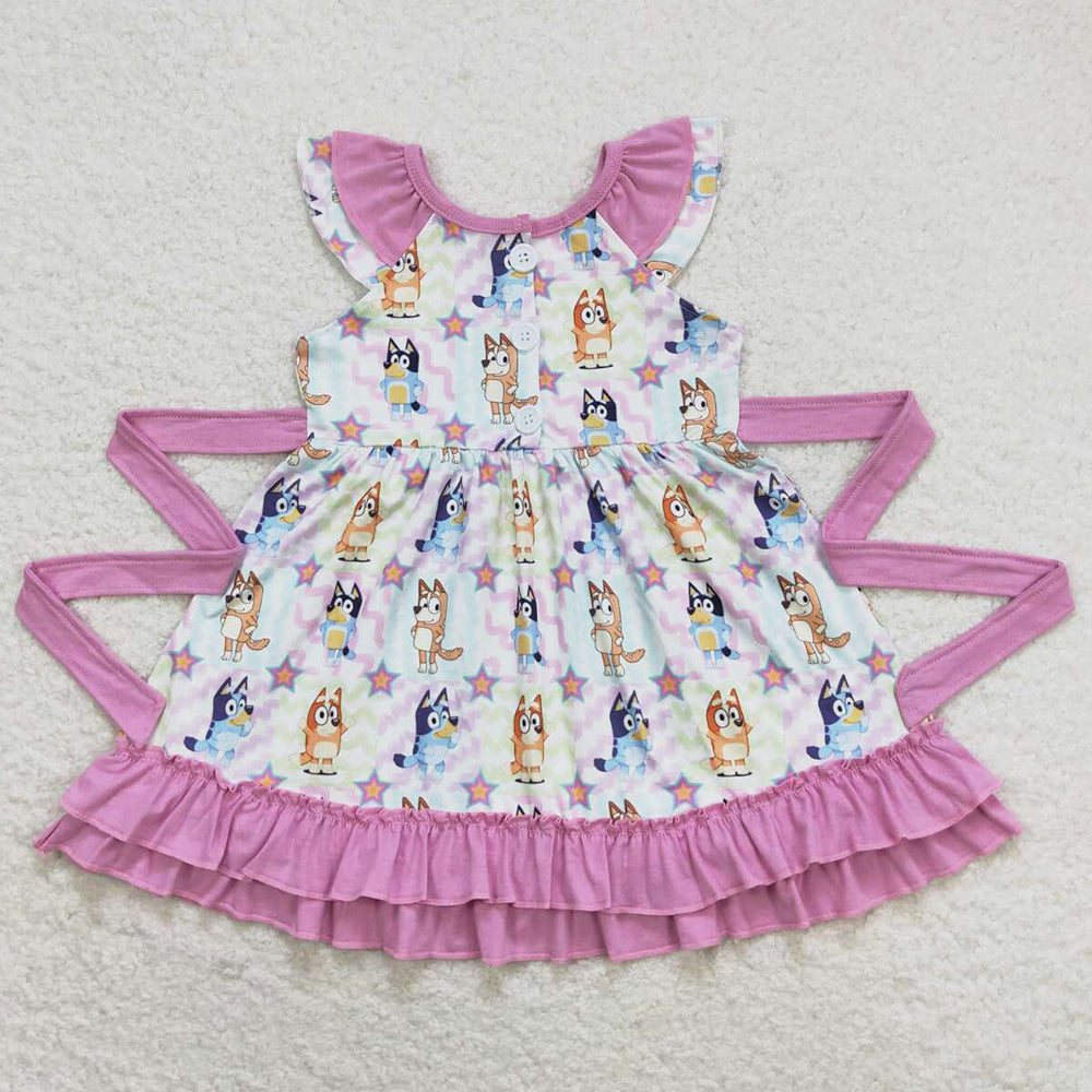 Baby Girls Dress Colorful Dogs Belt Ruffle Knee Length Dresses GSD1060