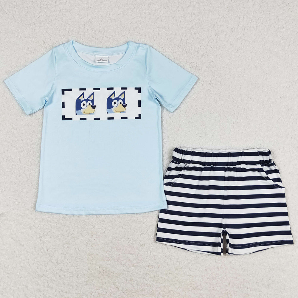 Baby Boys Clothes Dog Blue Short Sleeve Tee Shirt Stripes Shorts Sets BSSO0682