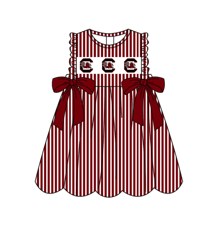 Preorder (moq 5)Baby Girls Sleeveless Dark Red Stripe C Bulls Bows Team Knee Length Dresses 11.25