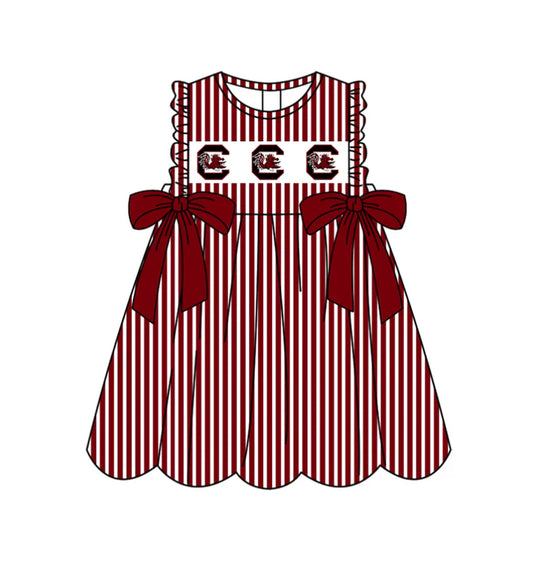 Preorder (moq 5)Baby Girls Sleeveless Dark Red Stripe C Bulls Bows Team Knee Length Dresses 11.25