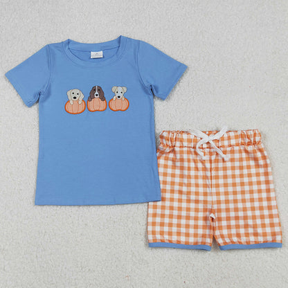 Baby Girls Clothes Embroidery Dogs Pumpkins Tunic Tops Ruffle Shorts Sets GSSO2700 BSSO1547 9.9