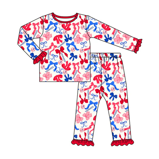 Preorder MOQ 5 Long sleeves Y red blue bow kids girls team pajamas 8.21