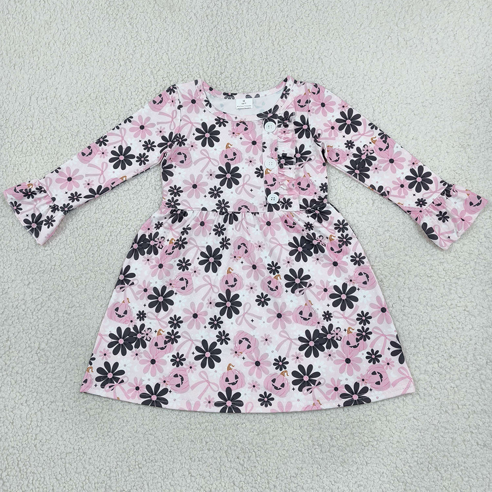 Baby Girls Dress Ghosts Pumpkins Flowers Button Halloween Knee Length Dresses GLD1637