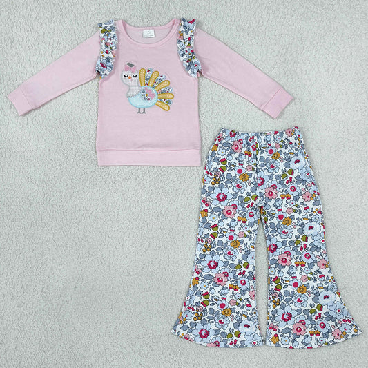 Baby Girls Clothes Embroidery Turkey Flowers Top Flare Pant Thanksgivings Clothes Sets GLP3597
